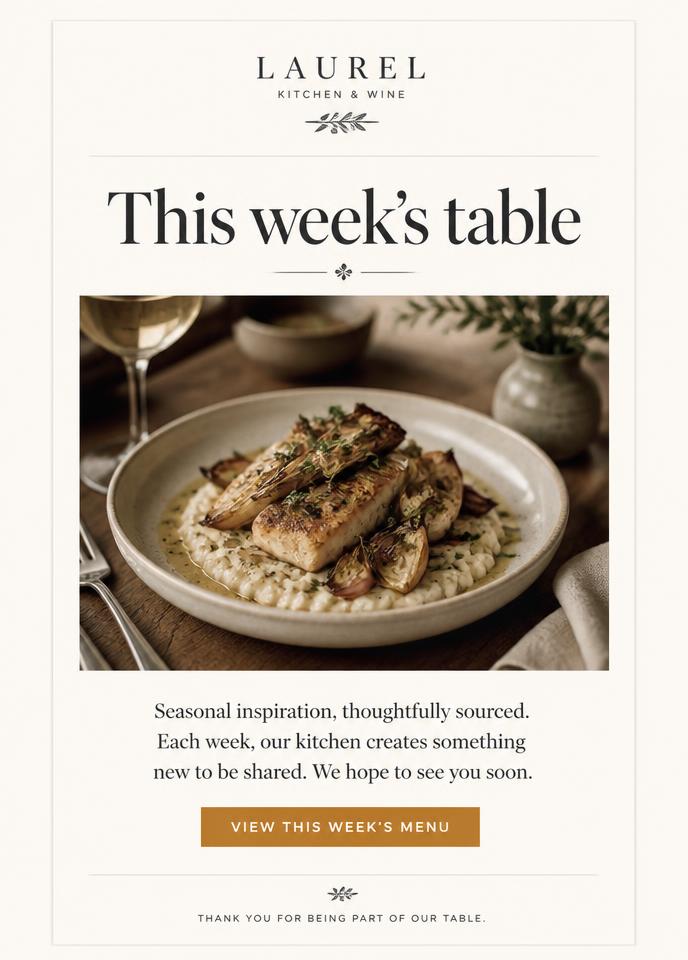 Hospitality email template — Weekly menu announcement